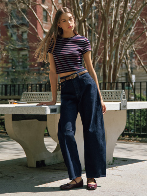 [ JEANS] Striped T-shirt ★大人気★ Ribbed Multi-Striped Cropped T-Shirt | GU US