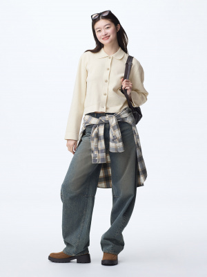 茶 ksks ksks GU公式 | バレルレッグジーンズB+EC(丈短め68.0cm)(セットアップ