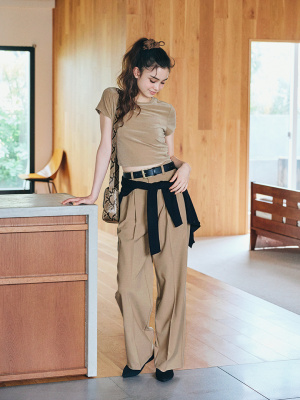 【DISCERNMENT】Pleated multi-tuck long wide slacks trouser Stretch Crepe Pleated Wide Leg Pants