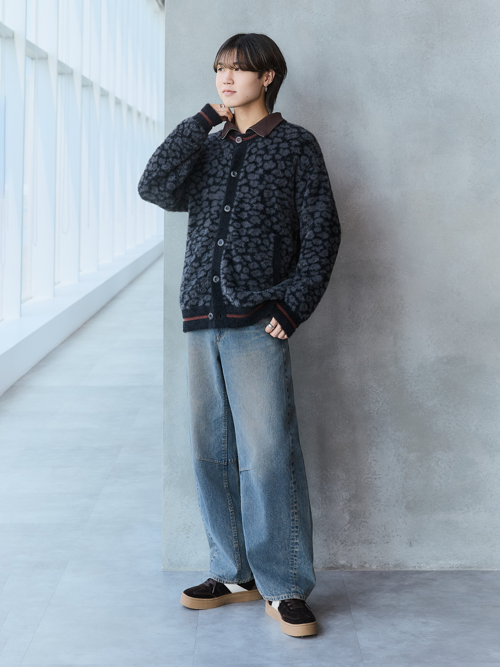 リブダブルジップカーディガン、シャギークルーネックカーディガン
