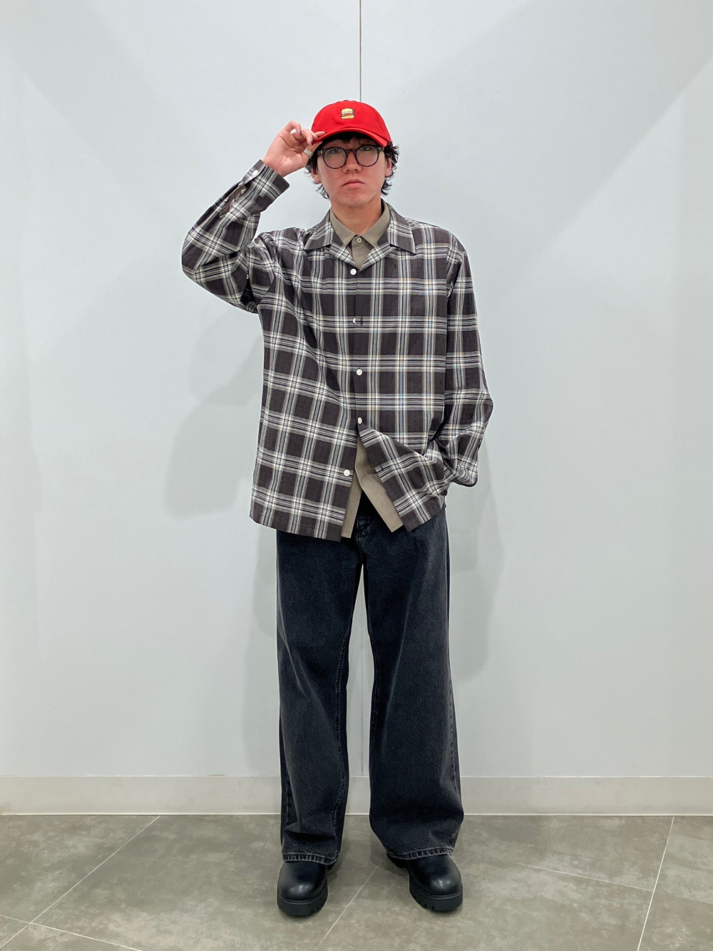 テクスチャーオープンカラーチェックシャツ、ドライフライフロント