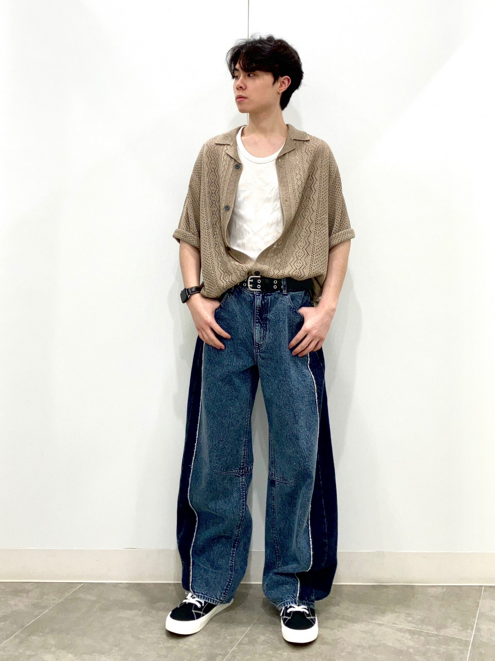 Washable Mesh Knitted Shirt/Halfslv、Draped Wide Pants/Z+EC