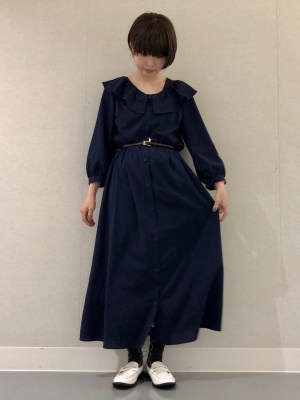 RALPH LAUREN 長袖ワンピース ラッフルフロント NAVY セール】 ベルテッド コットンブレンド ミディ シャツドレス