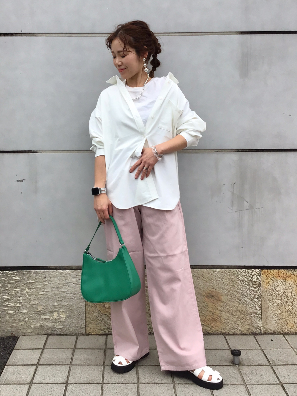 ギャザー切り替えシャツワンピース(長袖)、2wayワンショルダー