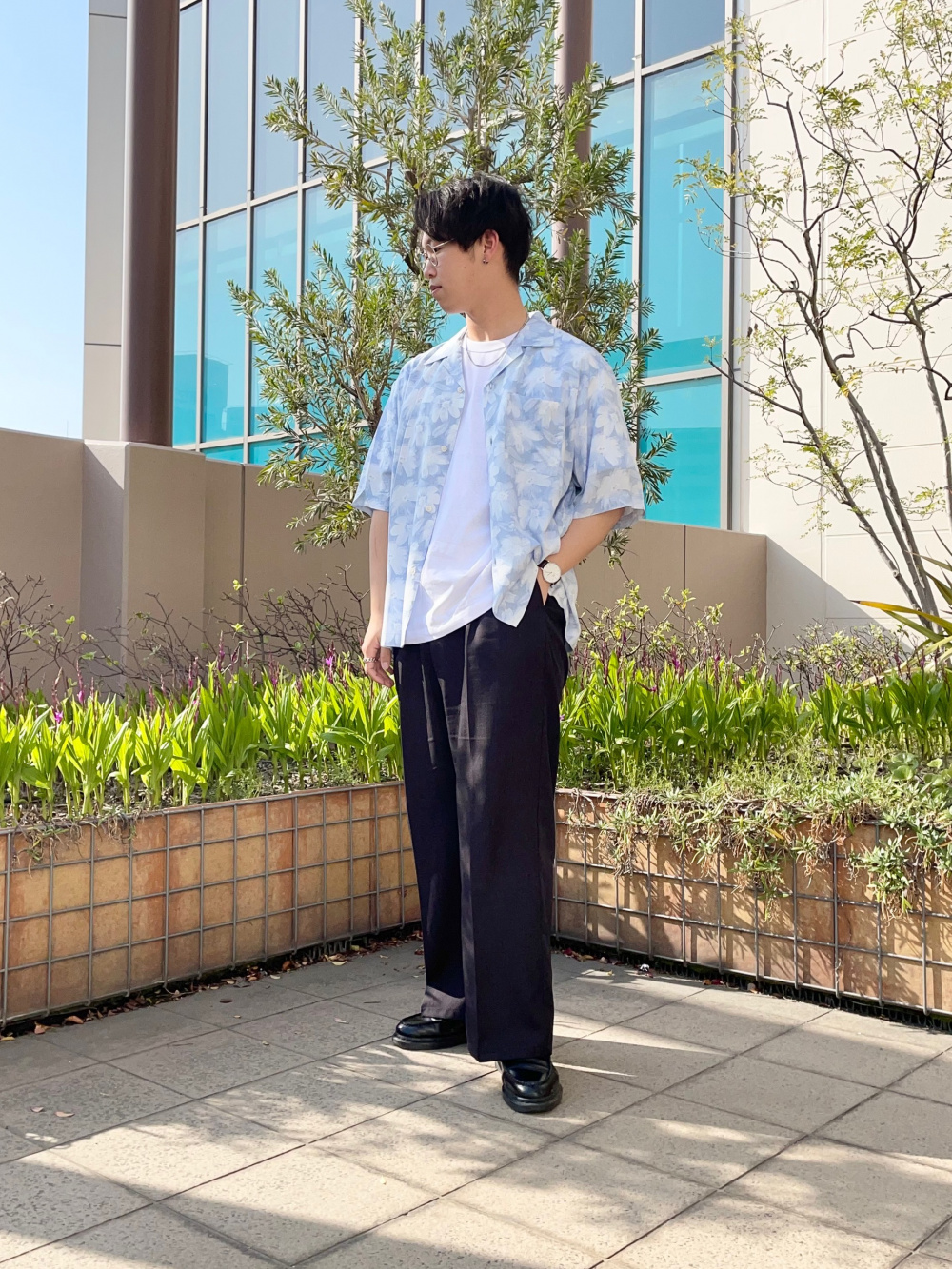 コットンクルーネックT(半袖)、オープンカラーシャツ(5分袖)(フラワー