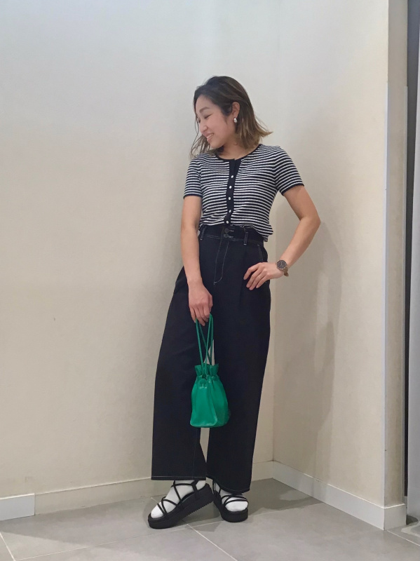 リブコンパクトカーディガン(半袖)(マルチボーダー)（レディース）の