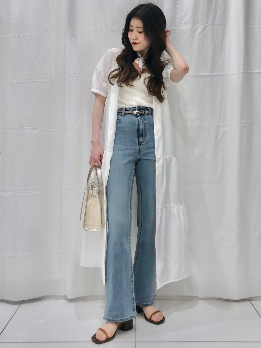 ワッフルヘンリーネックミニT(半袖)(丈43.5cm～50cm)、Vネック