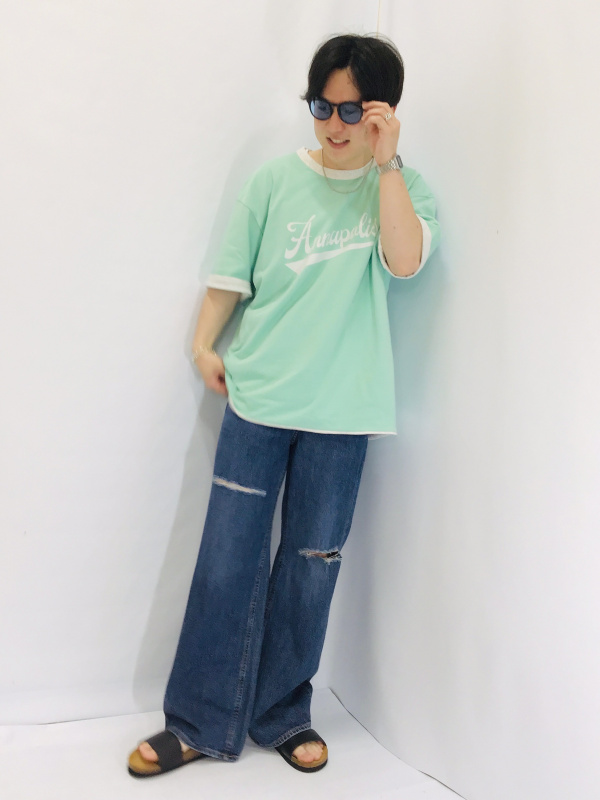 ハイウエストセミワイドジーンズ(クラッシュ)（レディース）の