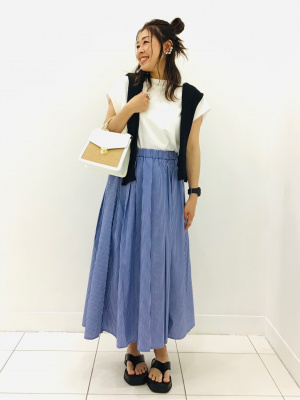 chapuri　0711 GU公式 | タックフレアミディスカート(ストライプ)