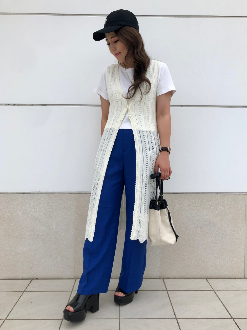 バックドロー ストリング ベスト おしゃれ パンツ コーデ カットソークルーネックビッグベスト、キャンバスドロー
