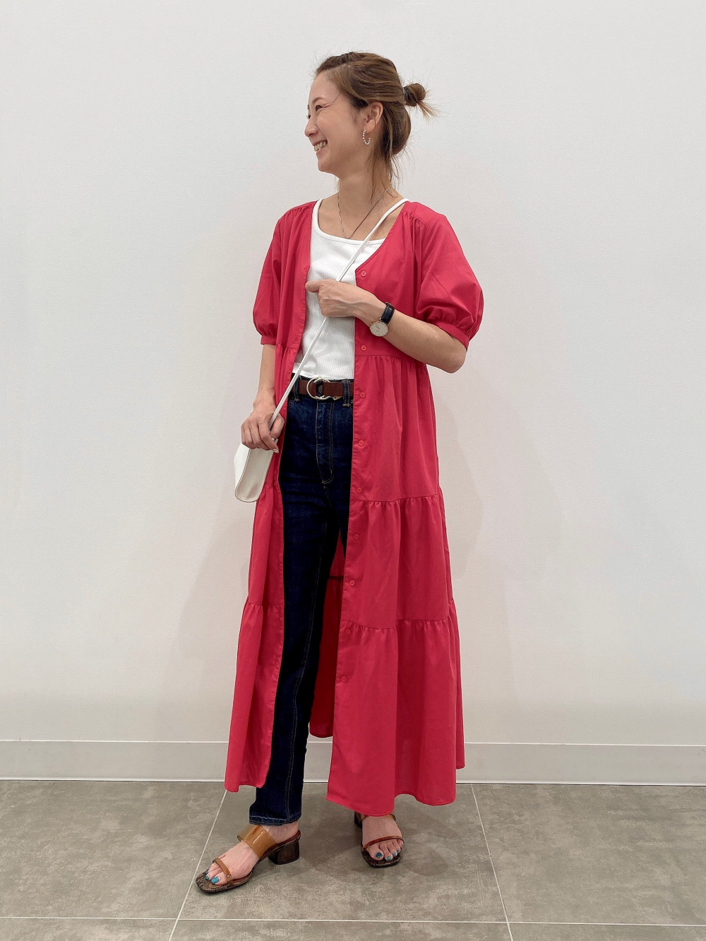 ワッフルヘンリーネックミニT(半袖)(丈43.5cm～50cm)、Vネック