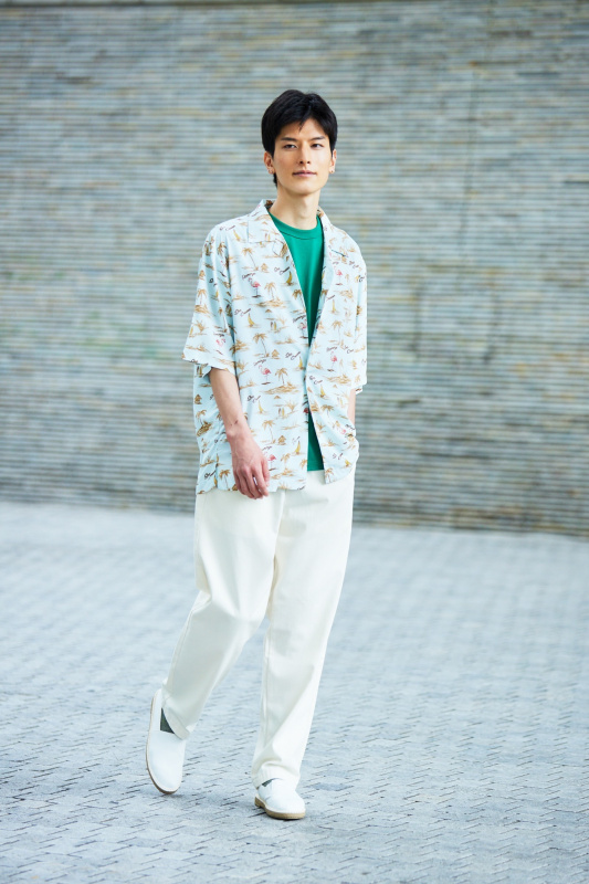 オープンカラーシャツ(5分袖)(アロハ)（メンズ）の着用コーディネート