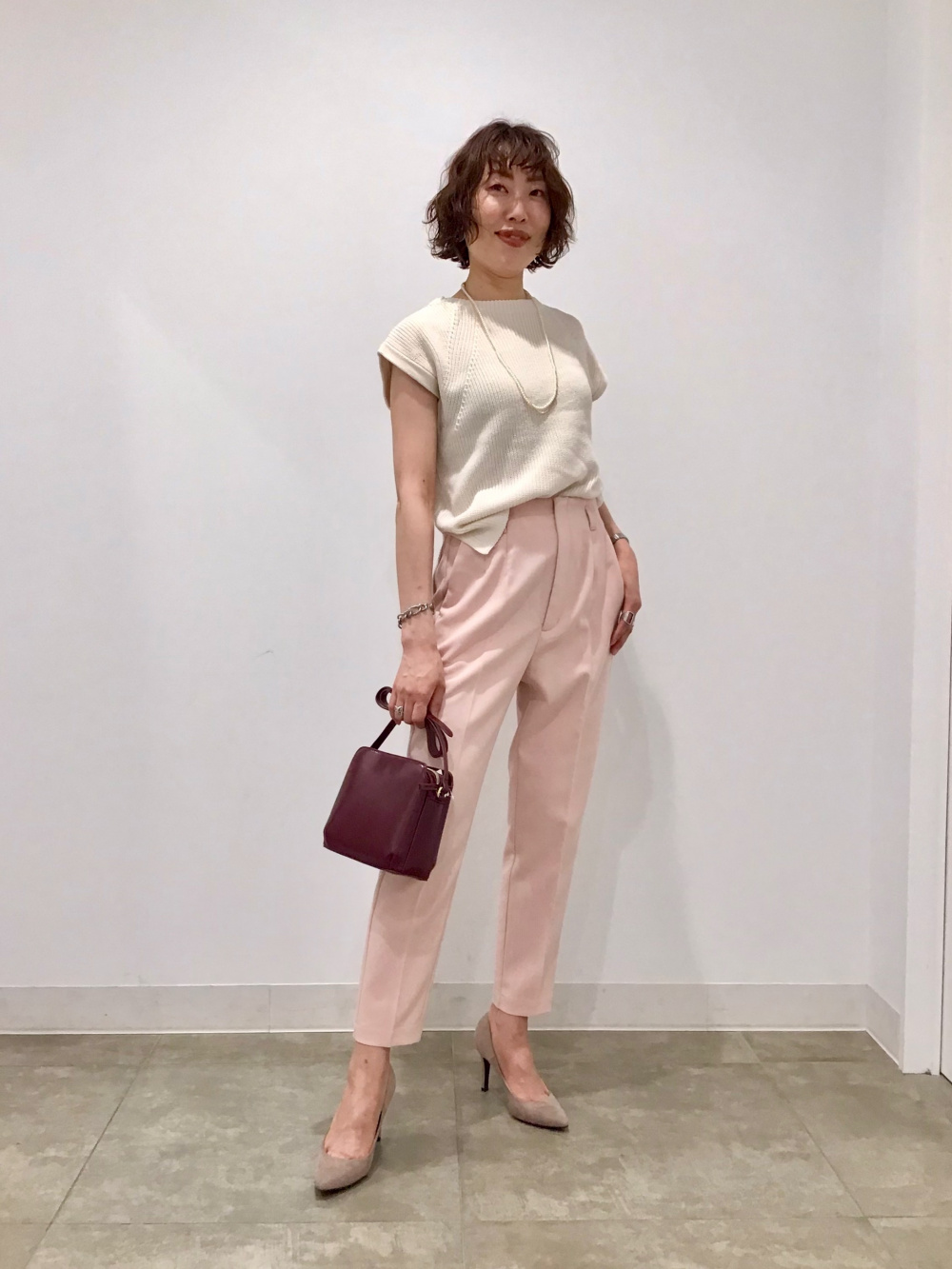 オーバーサイズテーラードベスト、シフォンスリーブニット