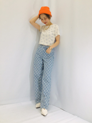 GU公式 | チェッカーボードストレートジーンズYT+X