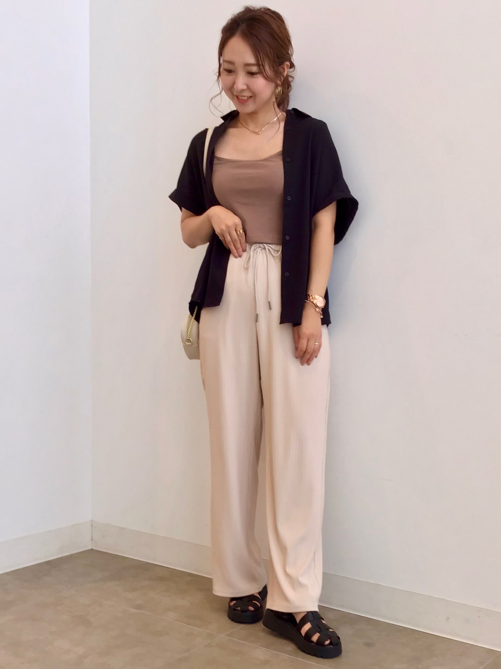 バンドカラーチュニックブラウス(5分袖)Q、シェフパンツ