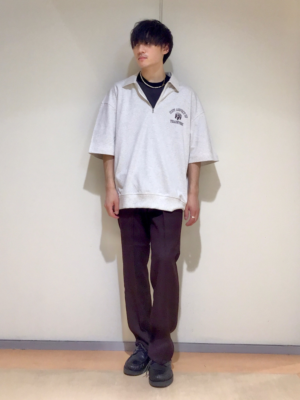 スウェTハーフジップ(5分袖)(ロゴ)、ウォッシャブルストレートパンツZ+