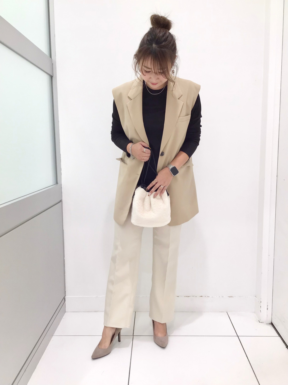 オーバーサイズテーラードベスト、ダブルジャカードチェックニット