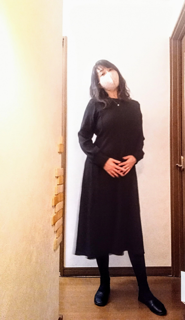 ワッフルバックヘンリーネックフレアワンピース(長袖)」の着用