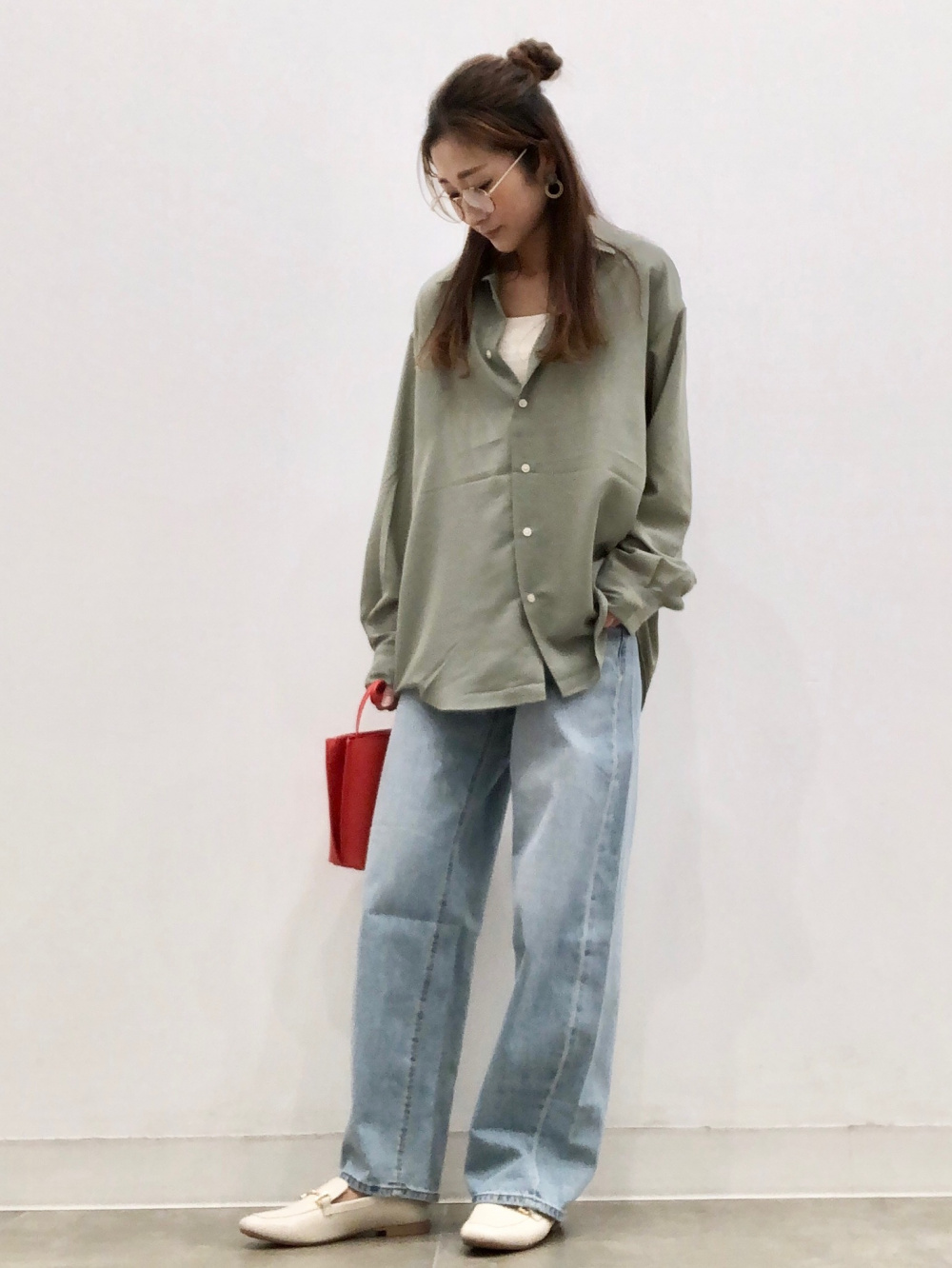 リブクルーネックカーディガン(長袖)Q+E、コットンミニT(半袖