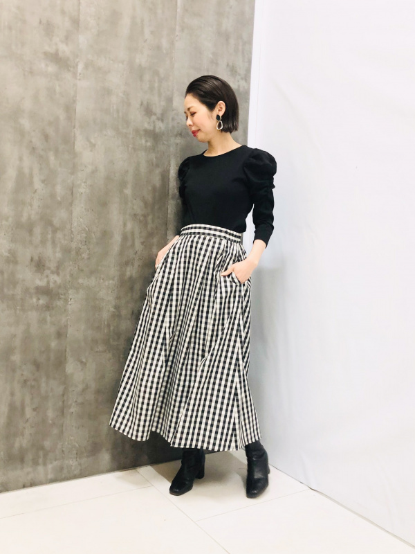 みちゃすページ タックフレアミディスカート(ギンガム)(丈標準81.0～85.0cm