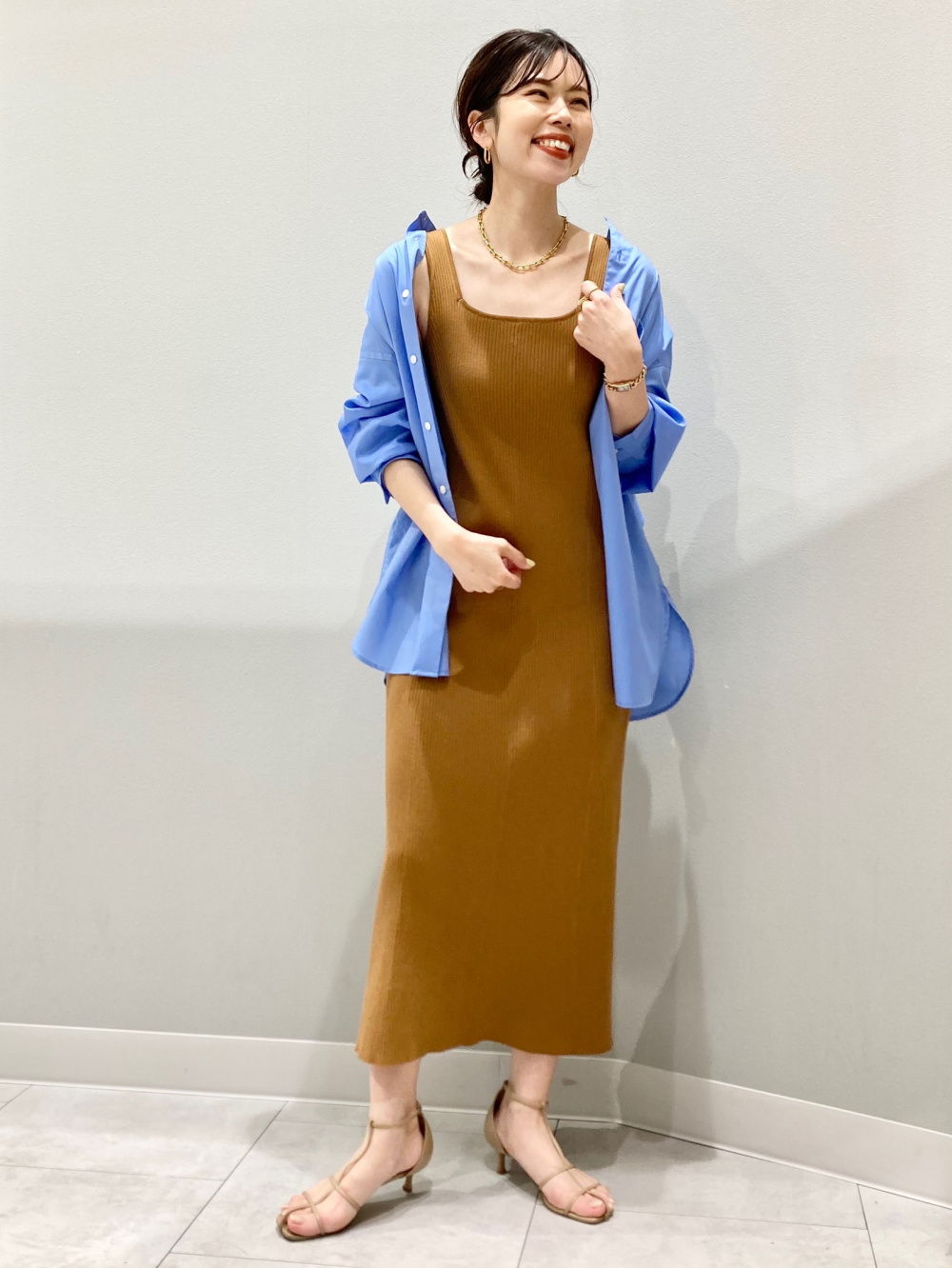 バンドカラーロングシャツ(長袖)SW+E、リブニットワンピース バンドカラーロングシャツ(長袖)SW+E、リブニットワンピース