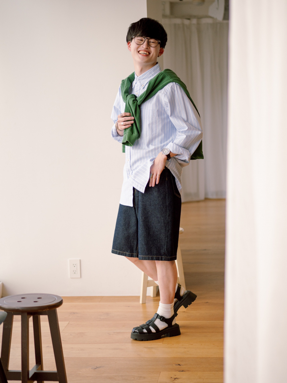 デニムペインターハーフパンツOSB+EC、ボリュームソールグルカサンダル