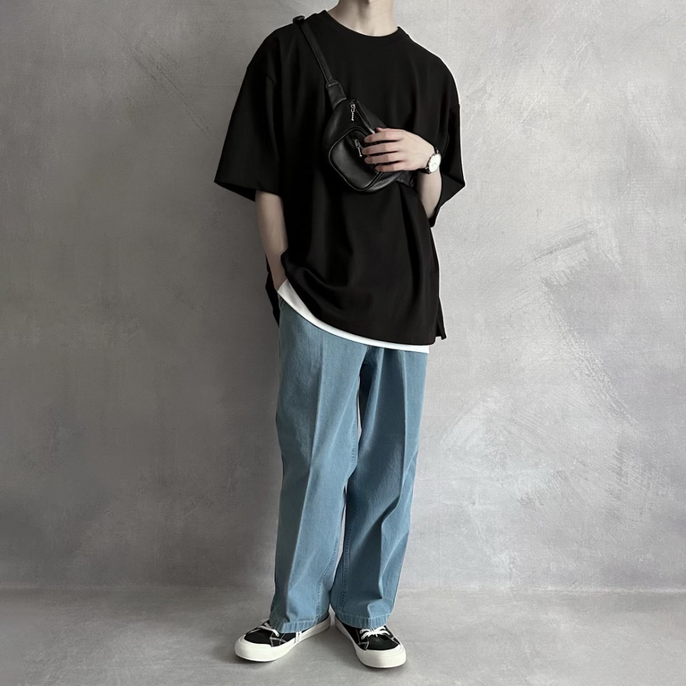オーバーサイズポロシャツ(5分袖)、デニムバギースラックス(丈標準68.0