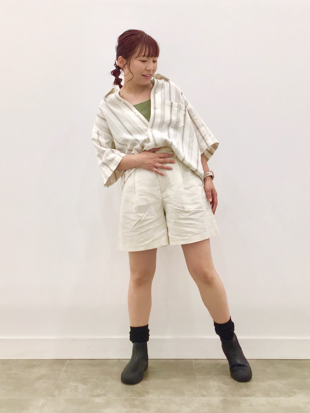 リネンブレンドシャツ(5分袖)(ストライプ)(セットアップ可能)、レイン ...