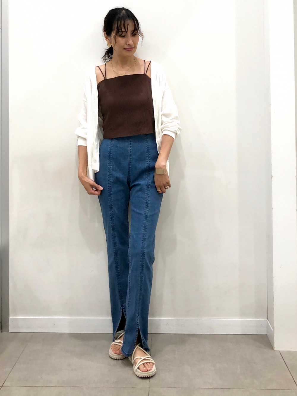 オーバーサイズボーダーポロシャツ(5分袖)、デニムバギー