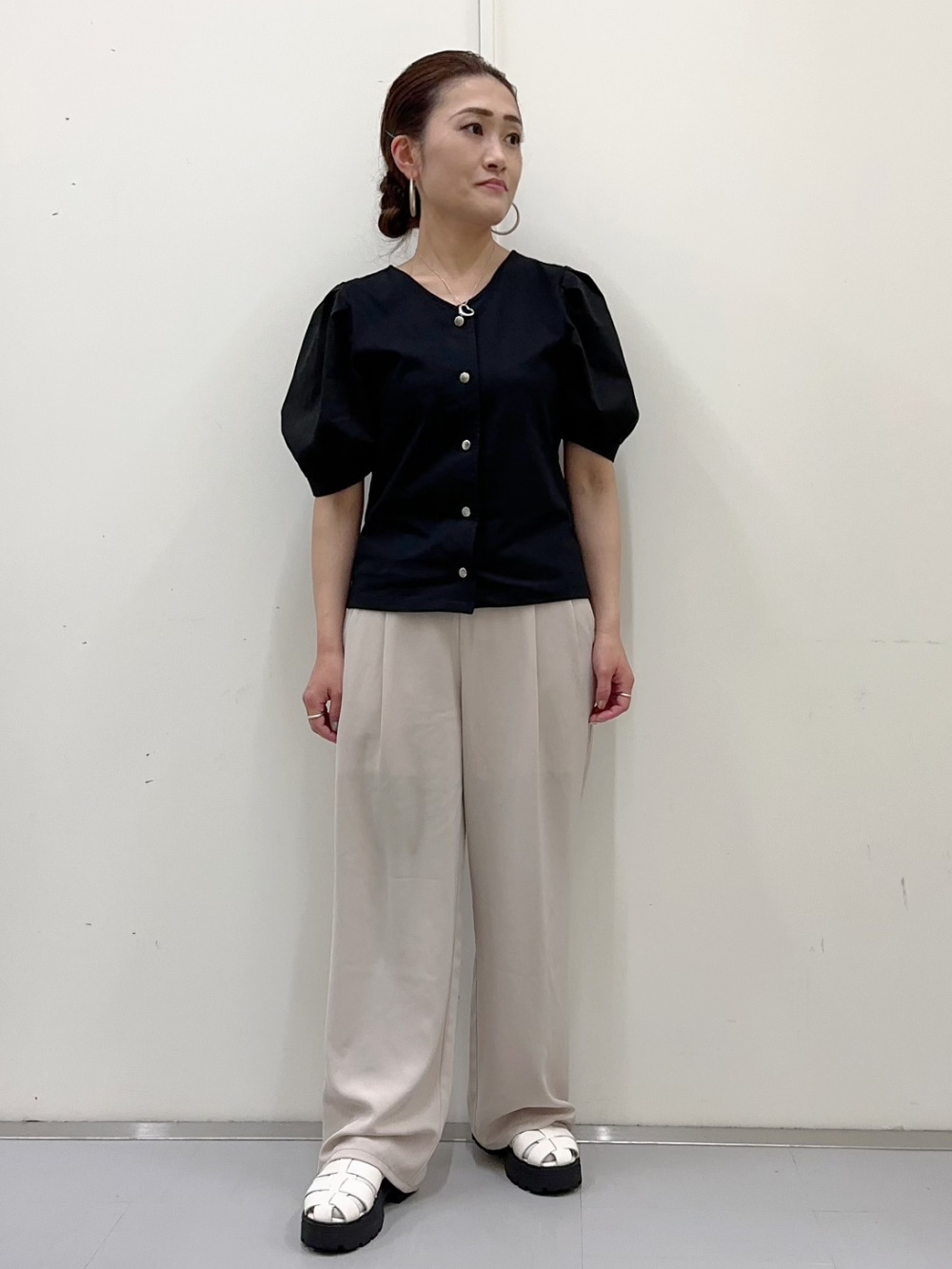 2WAY布帛コンビネーションT(5分袖)Z、透かし編みニットスカートZ