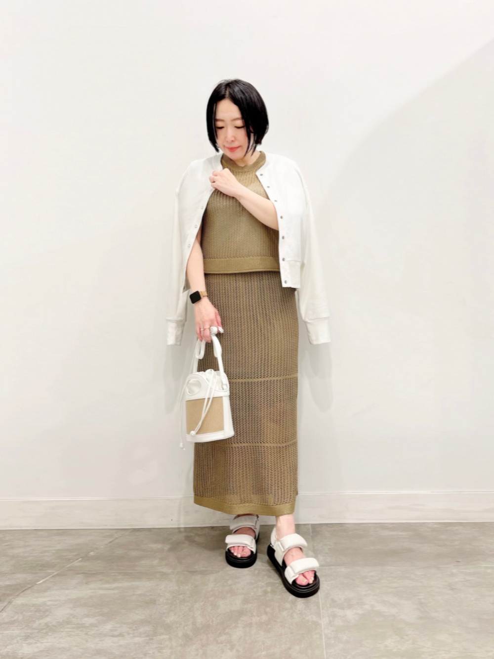 オーバーサイズノースリーブTNT+E、メッシュナローニットスカート