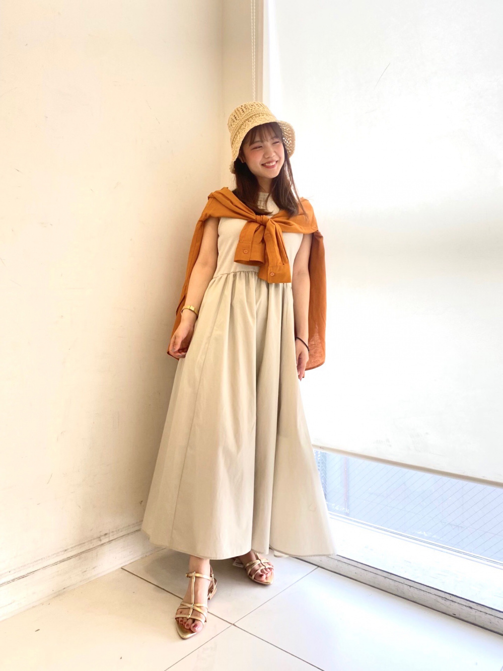 シアーロングカーディガン(長袖)Z、リブニットワンピース(ノースリーブ