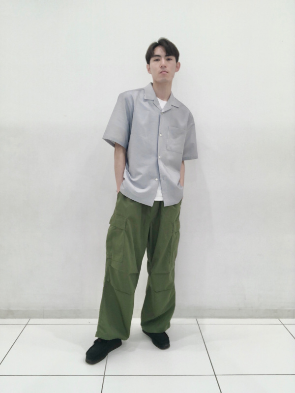 シアサッカーオープンカラーシャツ(5分袖)(セットアップ可能)（メンズ