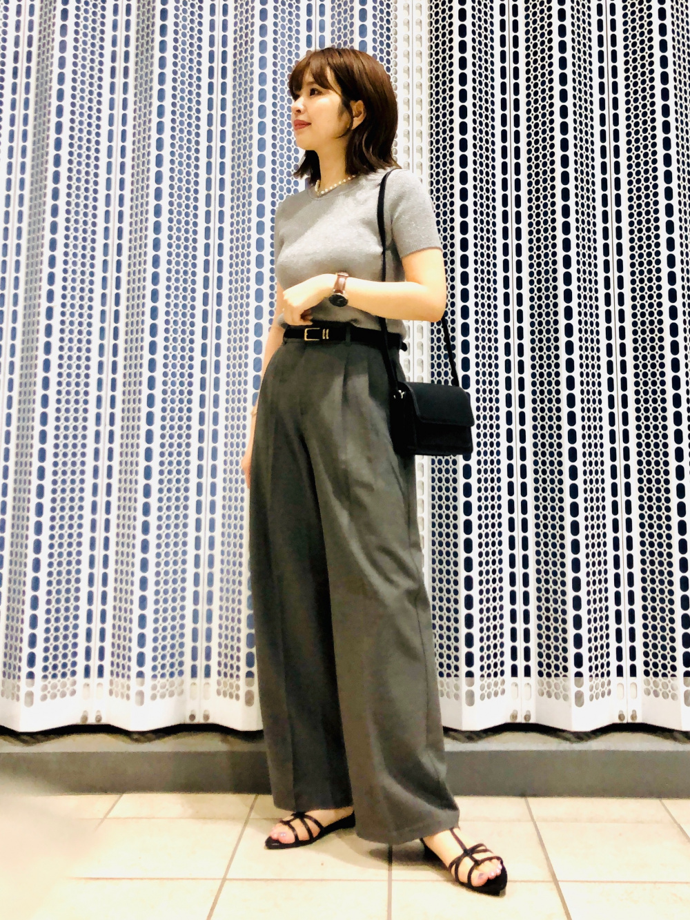 ラメクロップドセーター(半袖)、タックワイドパンツ(丈標準70.0