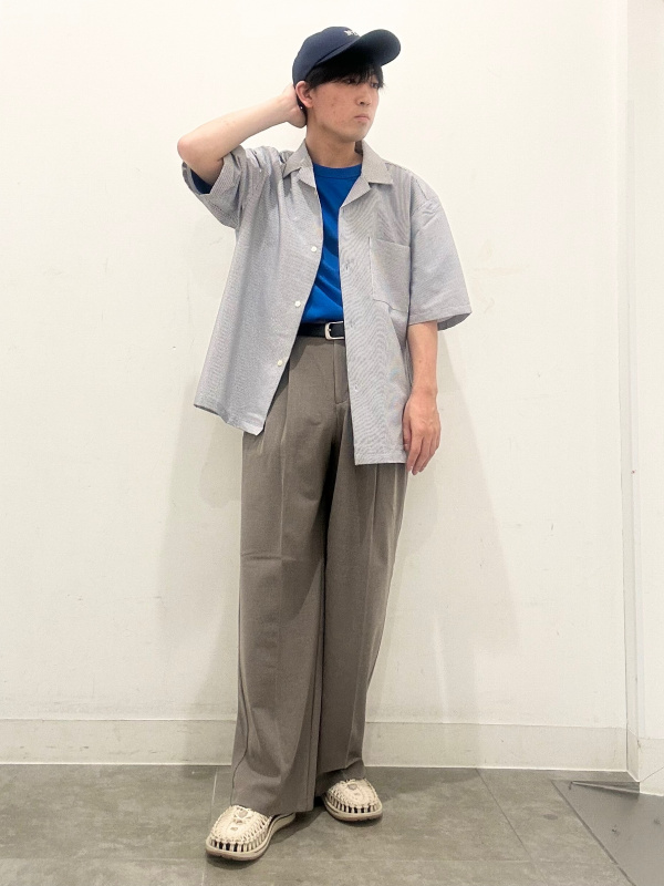 シアサッカーオープンカラーシャツ(5分袖)(セットアップ可能)（メンズ