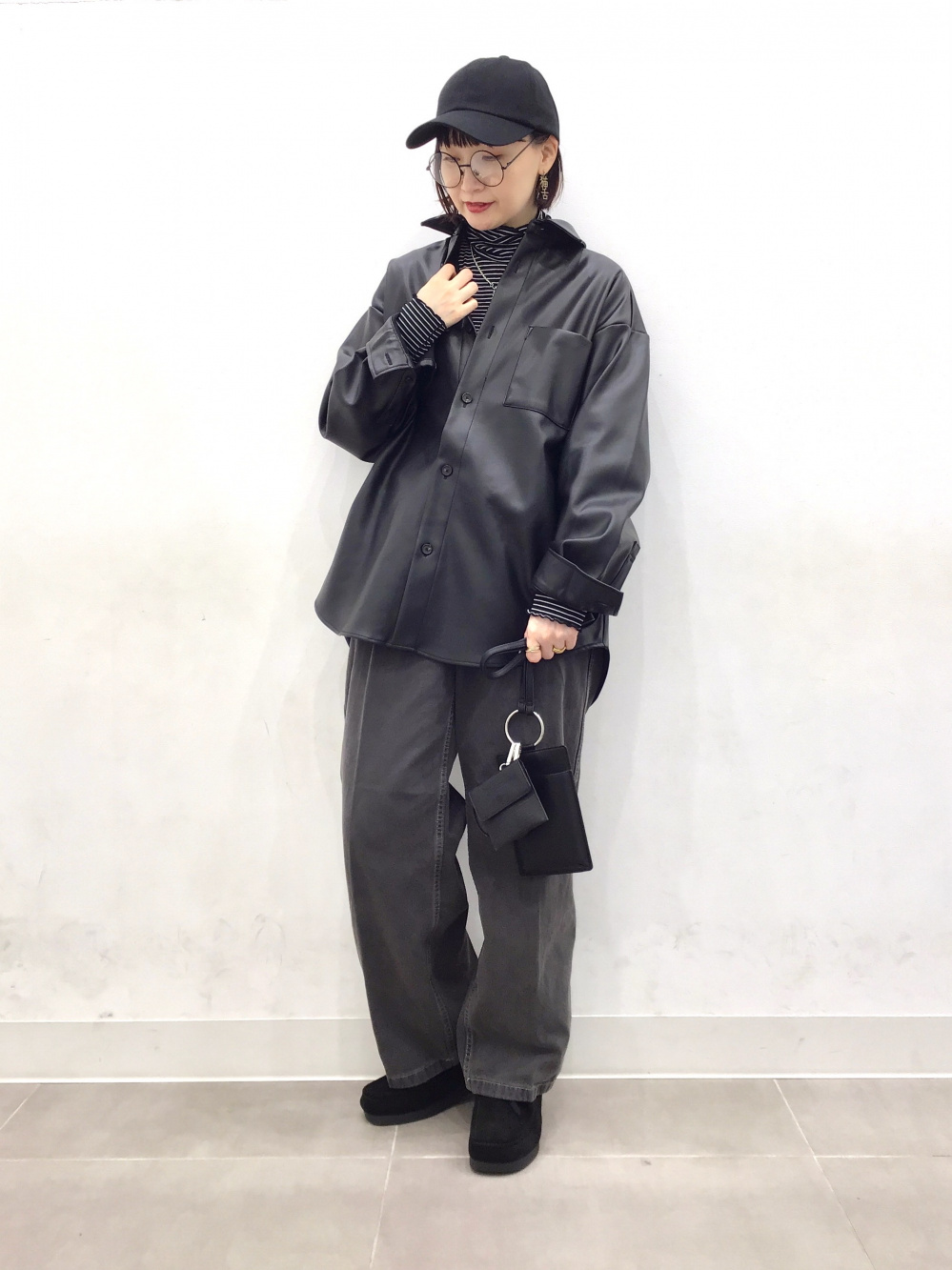 ソフトリブタートルネックT(長袖)(ボーダー)、フェイクレザーオーバー