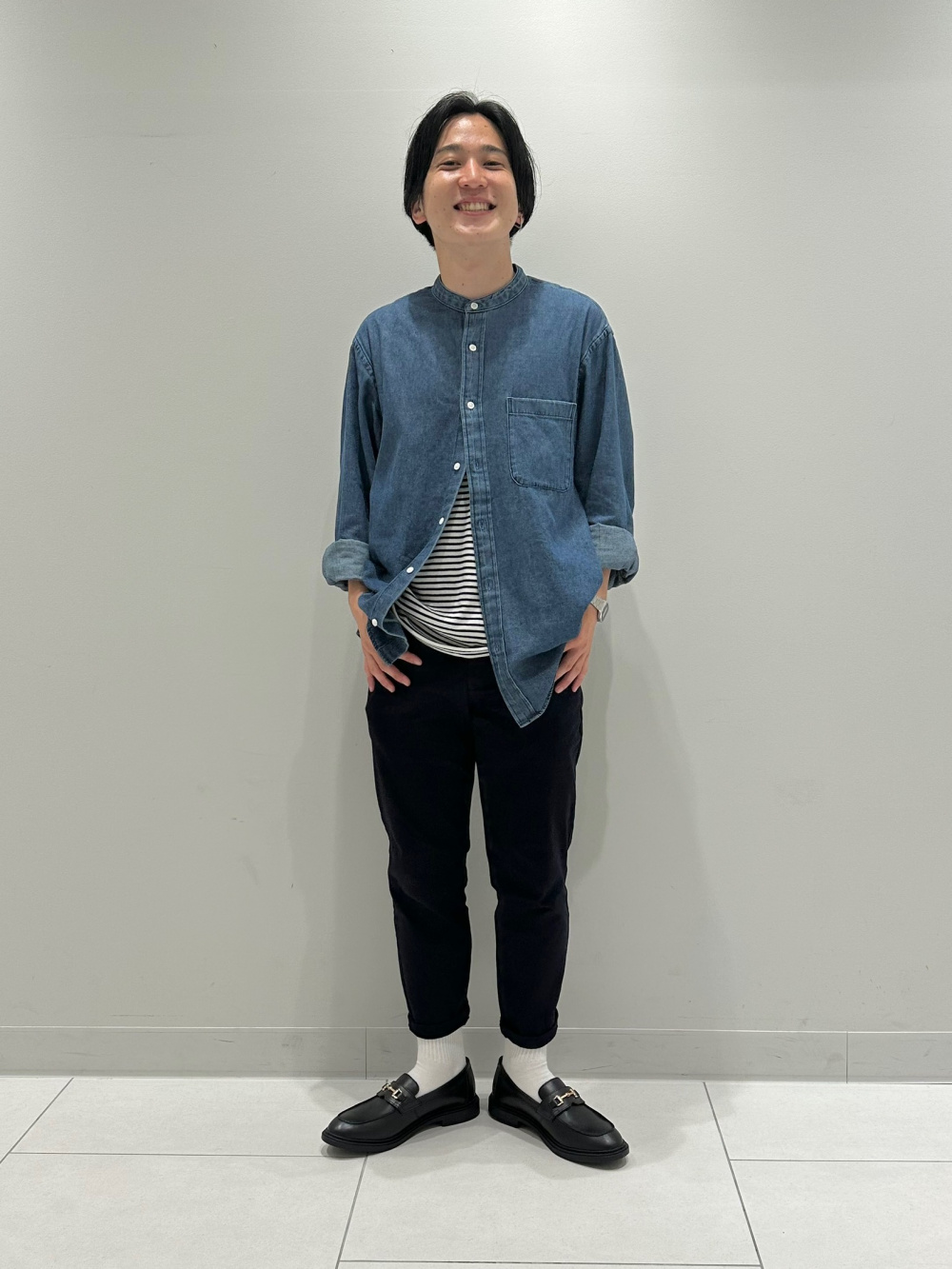 リブタンクトップ(ボーダー)、ドライオープンカラーシャツ(5分袖