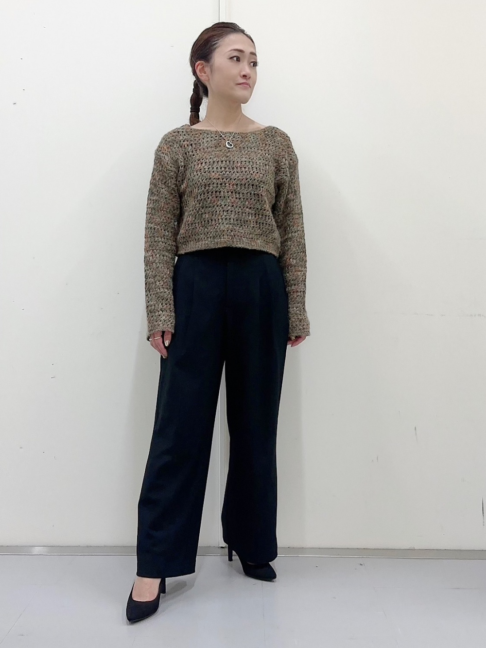 メランジクロップドセーター(長袖)+E、タックワイドパンツ(丈標準70.0 