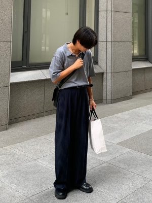 GU✖️BP 2023AW タックワイドパンツ(ストライプ XL GU公式 | タックワイドパンツ(ストライプ)+EC(丈長め80.0cm)(レディース)
