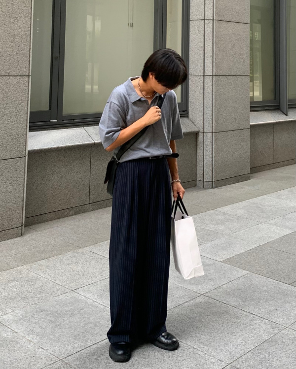 タックワイドパンツ(ストライプ)+EC(丈長め80.0cm)（レディース）の