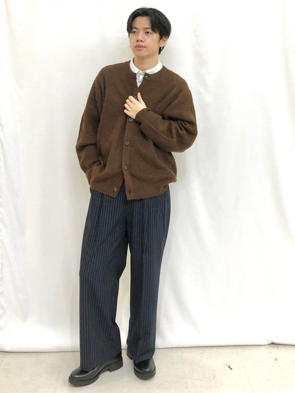 ソフトシャギークルーネックカーディガン(長袖)、ブロードシャツ(長袖