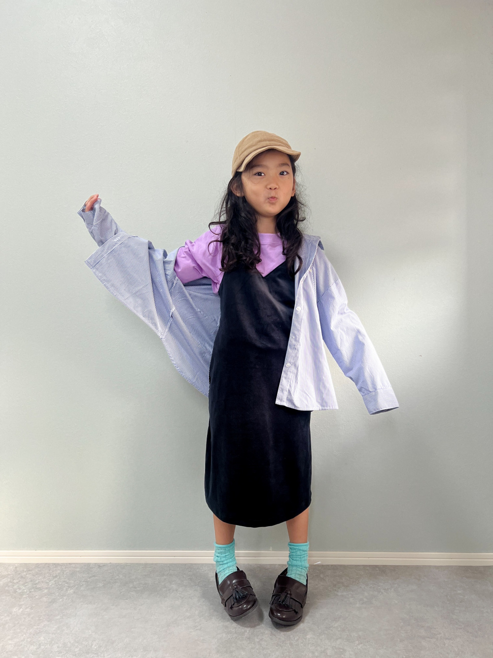 GIRLSリブTセットベロアキャミソールワンピース(長袖)、UVカット GIRLSリブTセットベロアキャミソールワンピース(長袖)、UVカット