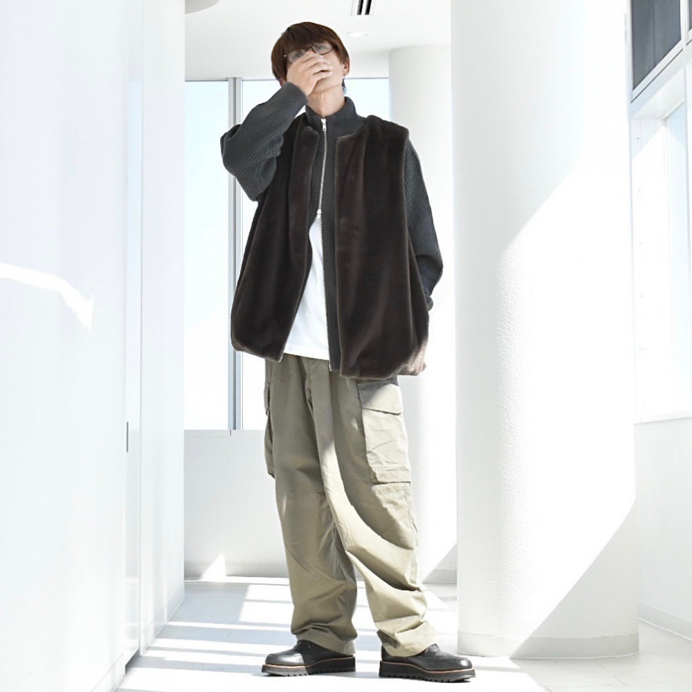 ドライバーズニット(長袖)SW、タックワイドパンツ(ストライプ
