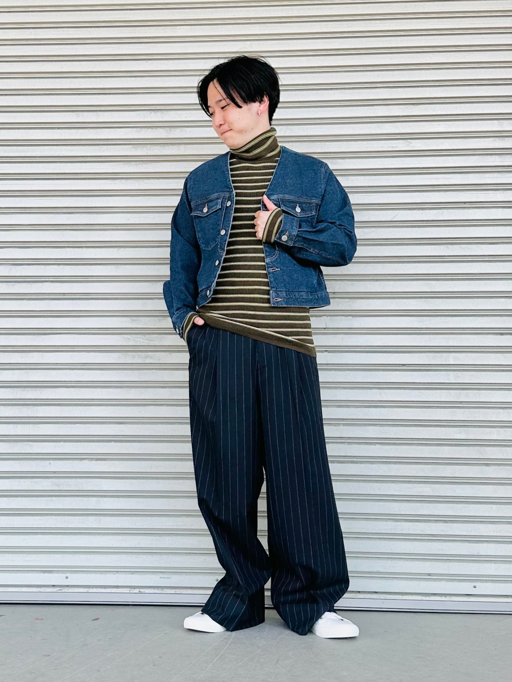 ドライバーズニット(長袖)SW、タックワイドパンツ(ストライプ