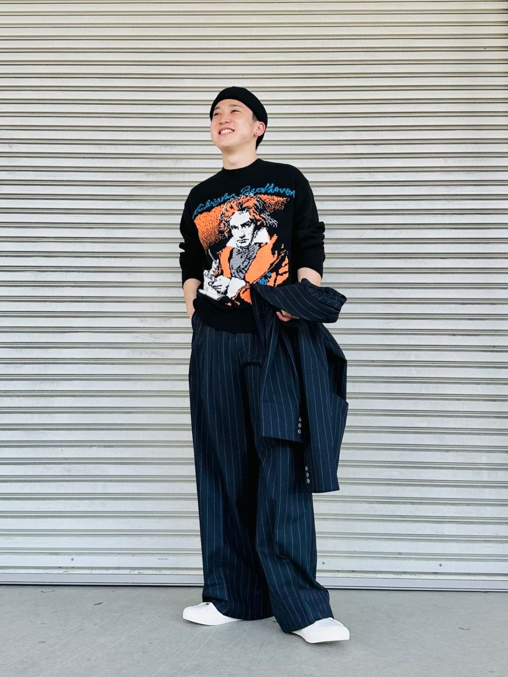 ドライバーズニット(長袖)SW、タックワイドパンツ(ストライプ