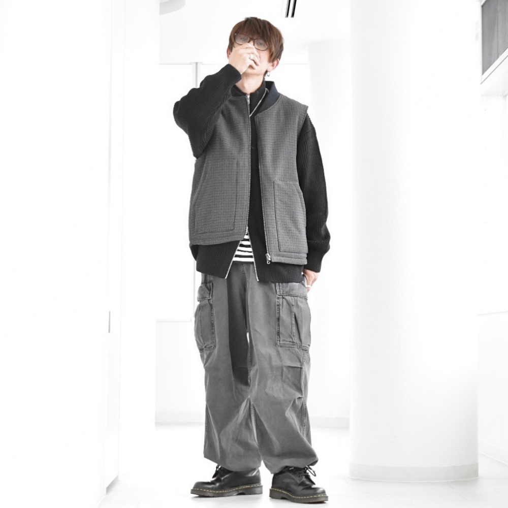 ドライバーズニット(長袖)SW、タックワイドパンツ(ストライプ