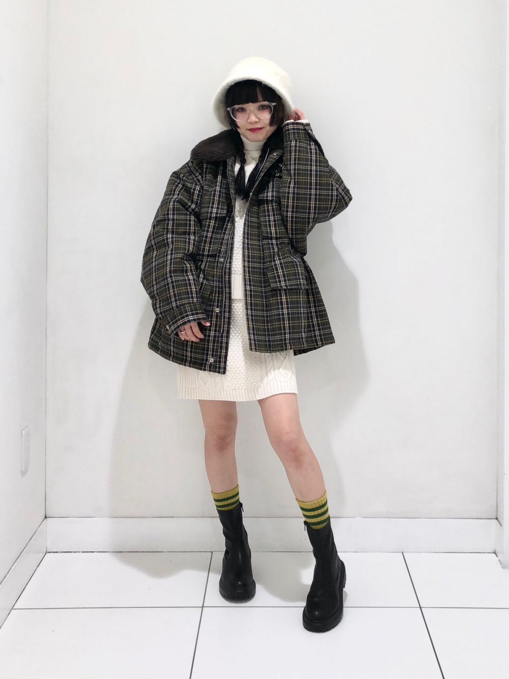 ボアブルゾン　チェックワンピコーデ　3点セット ワッフルニットプルオーバー(長袖) beautiful people、チェック