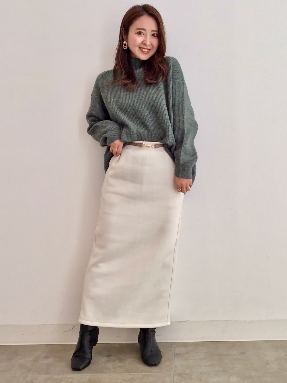 オックスフォードショートシャツ(長袖)(ストライプ)、プリーツAライン 