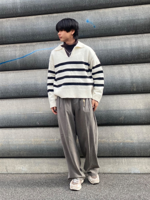 GU公式 | パフィータッチスキッパーポロセーター(長袖)(ボーダー)