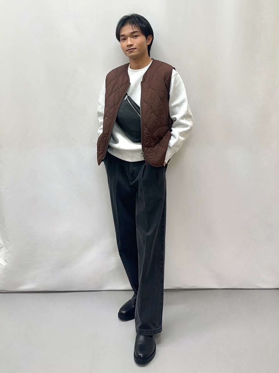 ヒートパデッドキルティングベストSW、フランネルチェックシャツ(長袖